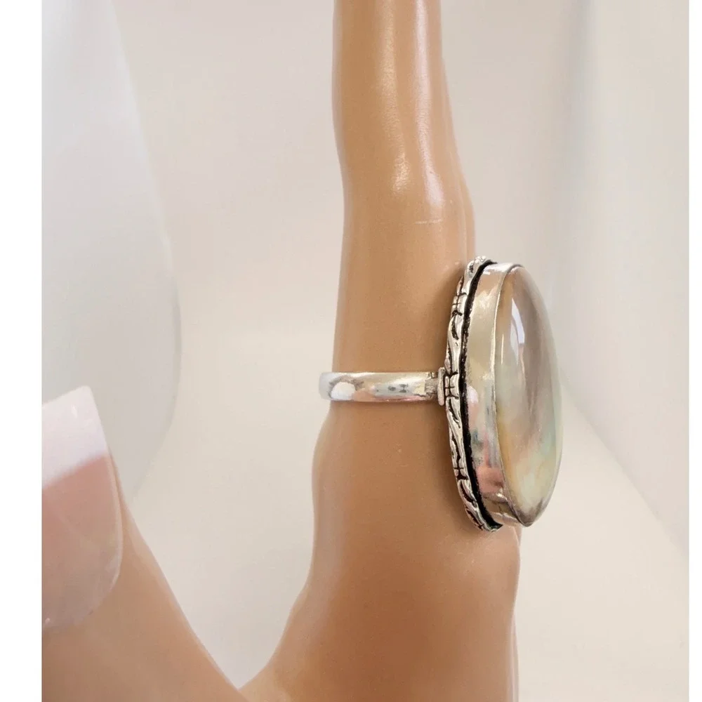 Polychrome Jasper Oval Stone Statement Ring Silver plated SW‎ Boho Tan Cream 8.5